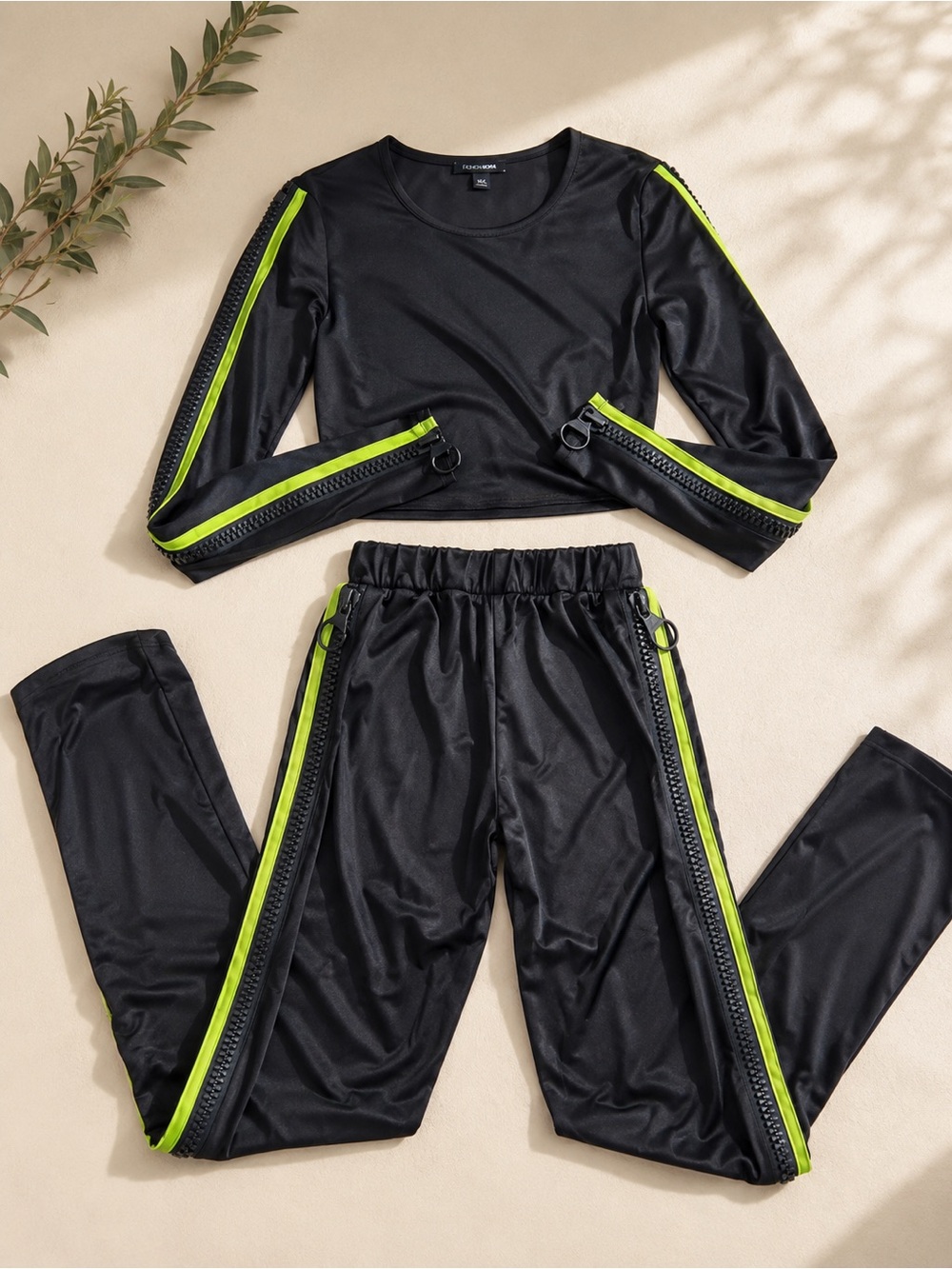 Fashion Nova Black & Neon Green Sporty 2-Piece Set Size XS  Top & Pants